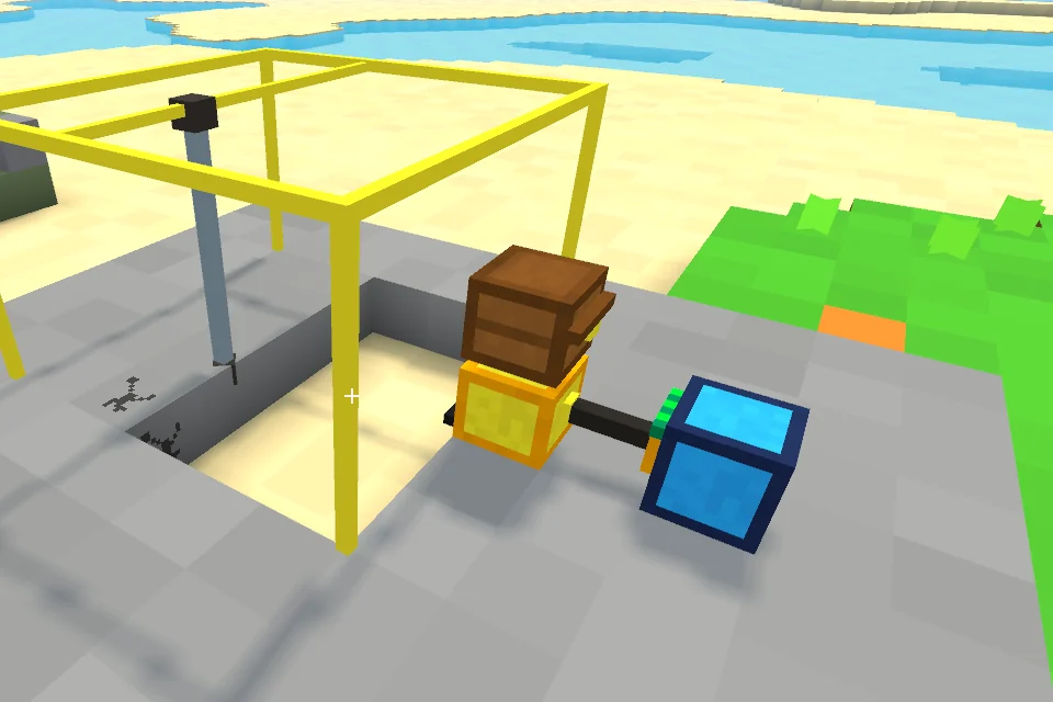 A yellow quarry frame over a square pit dug into stone, with a chest and a power storage block beside it.
