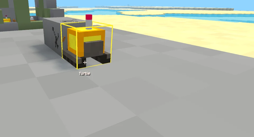 A yellow turtle robot with a red antenna, facing a stone block it has started to dig.